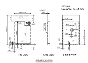 Mechanical Drawing - DFRobot ESP32-S2 Wi-Fi® Modules (PCB Antenna)